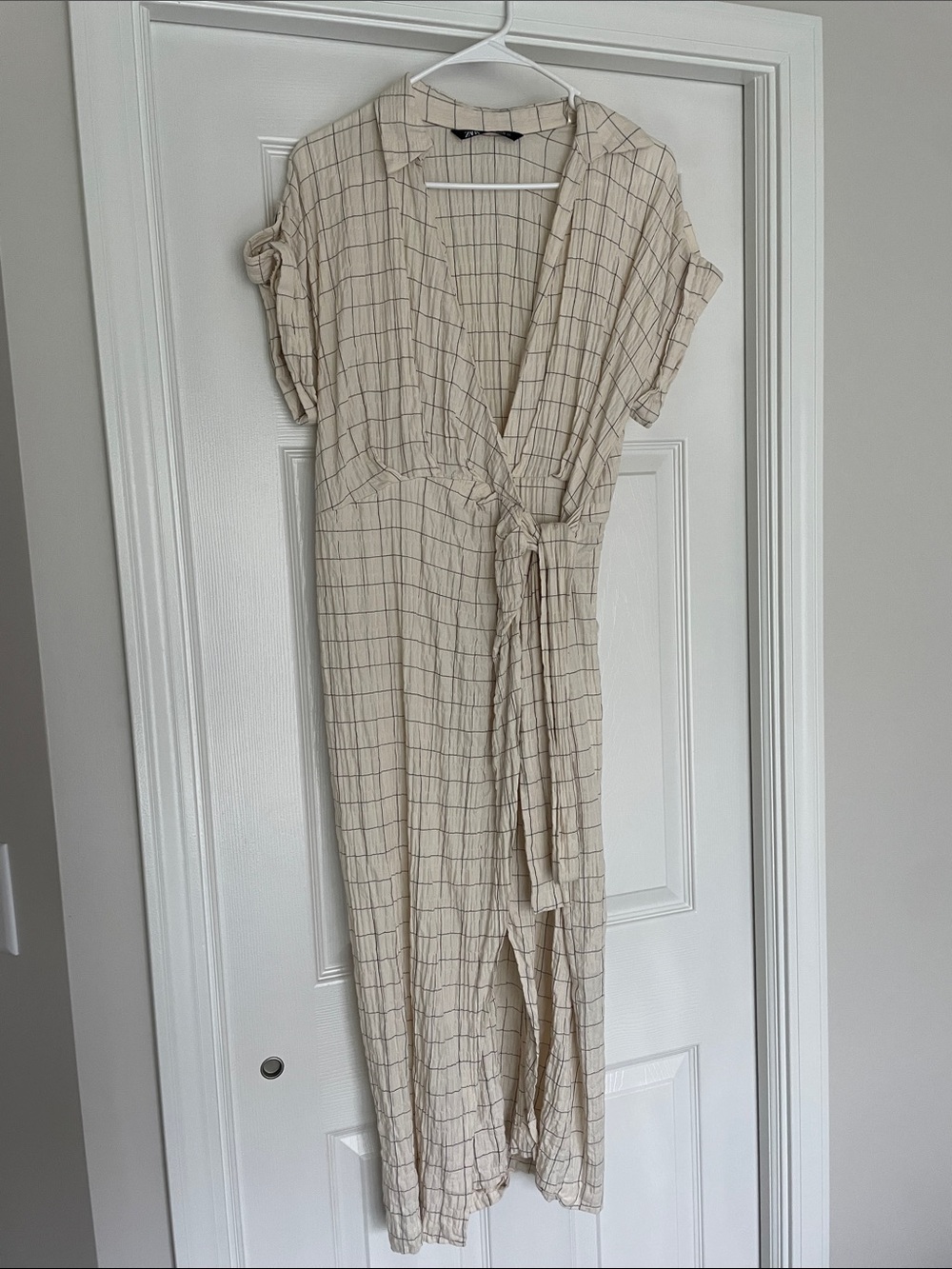 Zara Cream Checked Tie-Waist Midi Dress